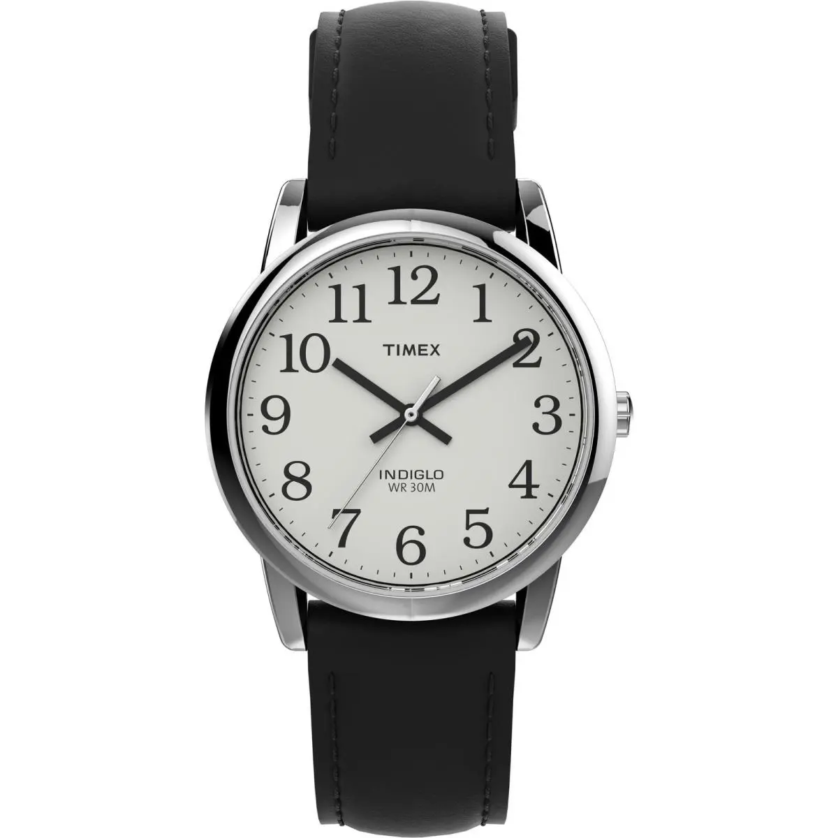 Timex Easy Reader 35mm Silver-tone Case with White Dial and Black Leather Strap - Dial: White, Band: Black, Bezel: Black