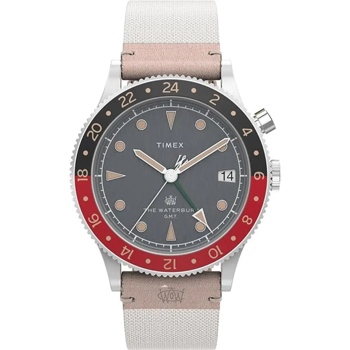 Timex TW2V74100 The Waterbury Gmt Men`s Analog Watch White Fabric/leather Strap - Dial: Gray, Band: White, Bezel: Black, Red