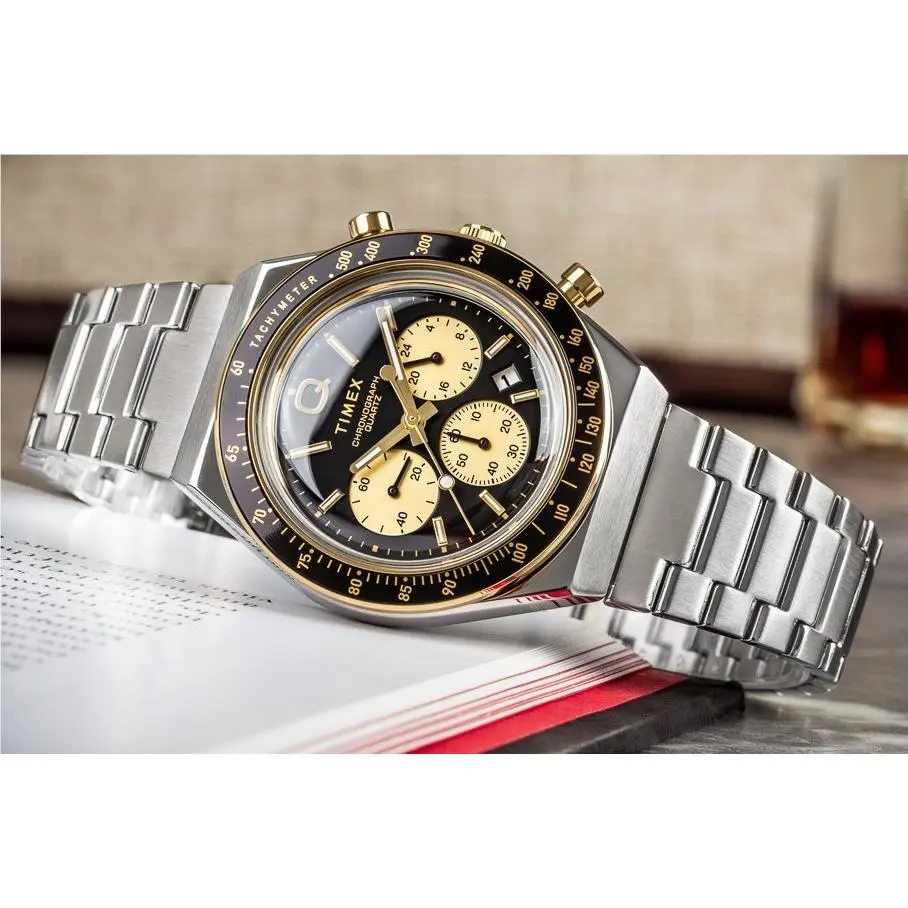 Timex Q Mens Chronograph 40mm Retro Diver Inspired Black Gold Watch TW2W64200