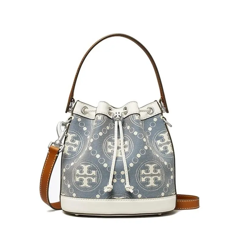 Tory Burch T Monogram Drawstring Bucket Bag Brown Strap Pearl Blue White 143535