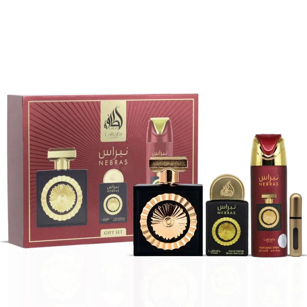 Lattafa Nebras 4pc Set 3.4oz Edp Spray + .65oz Travel Mini + 6.7oz Body Spray
