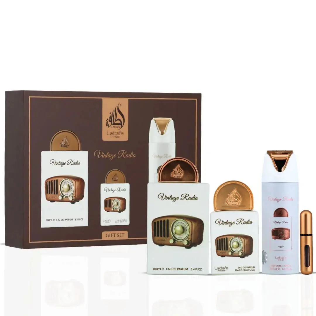 Lattafa Vintage Radio 4pc Set 3.4oz Edp Spray + .65oz Mini + 6.7oz Body Spray