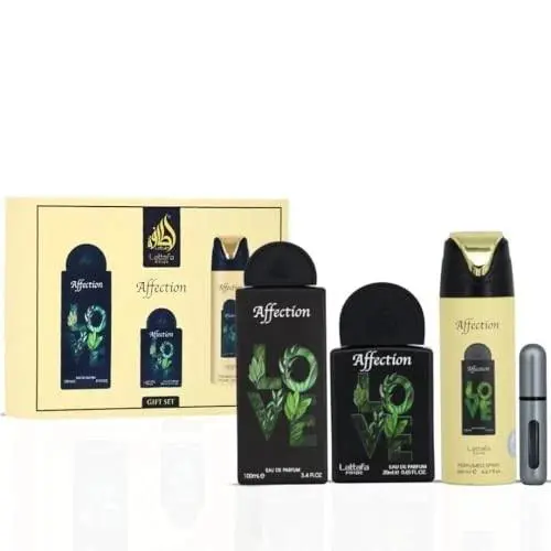 Lattafa Affection 4pc Set 3.4oz Edp Spray + .65oz Mini + 6.7oz Body Spray