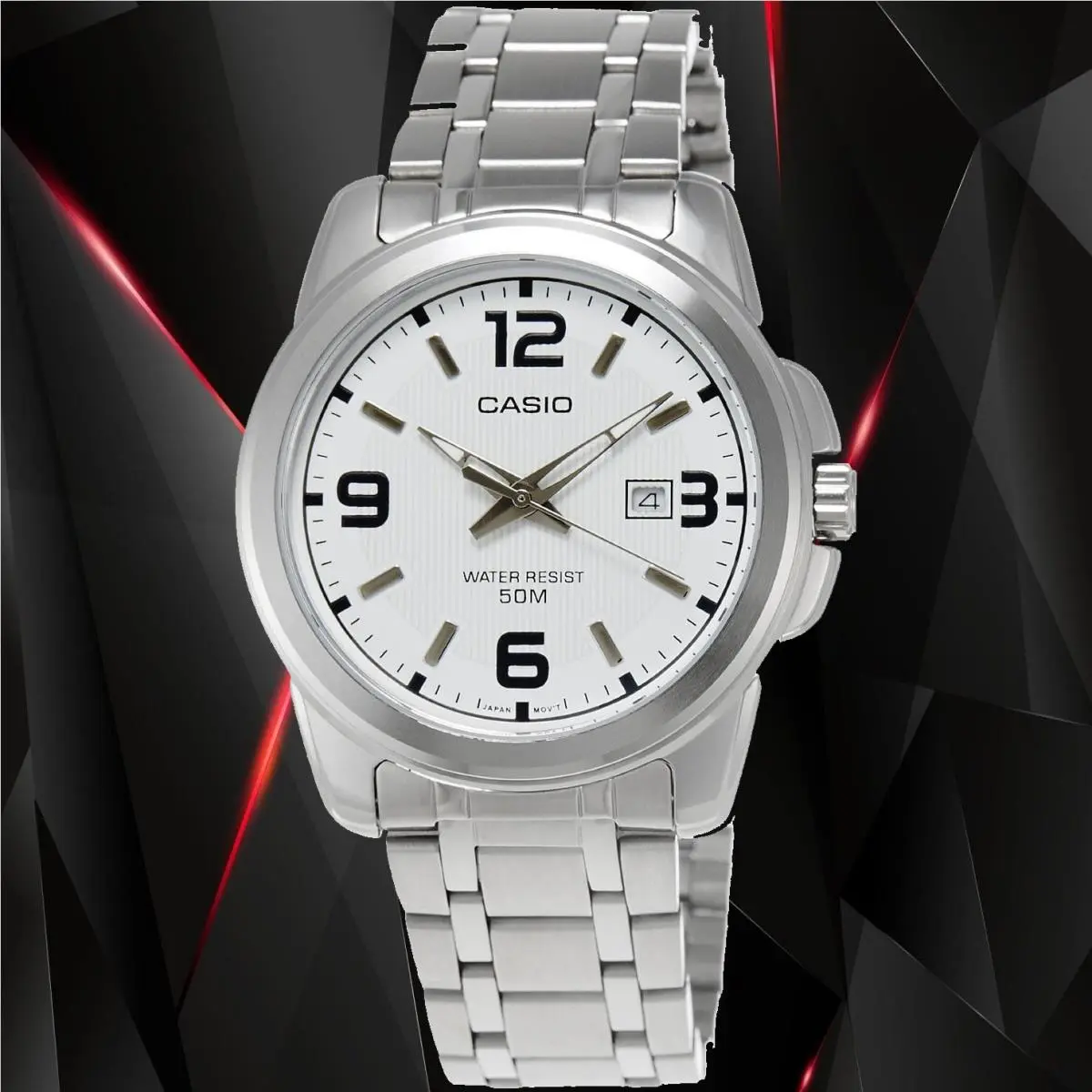 Mens White Neo Display Date Watch Stainless Steel Band MTP-1314D-7AV by Casio