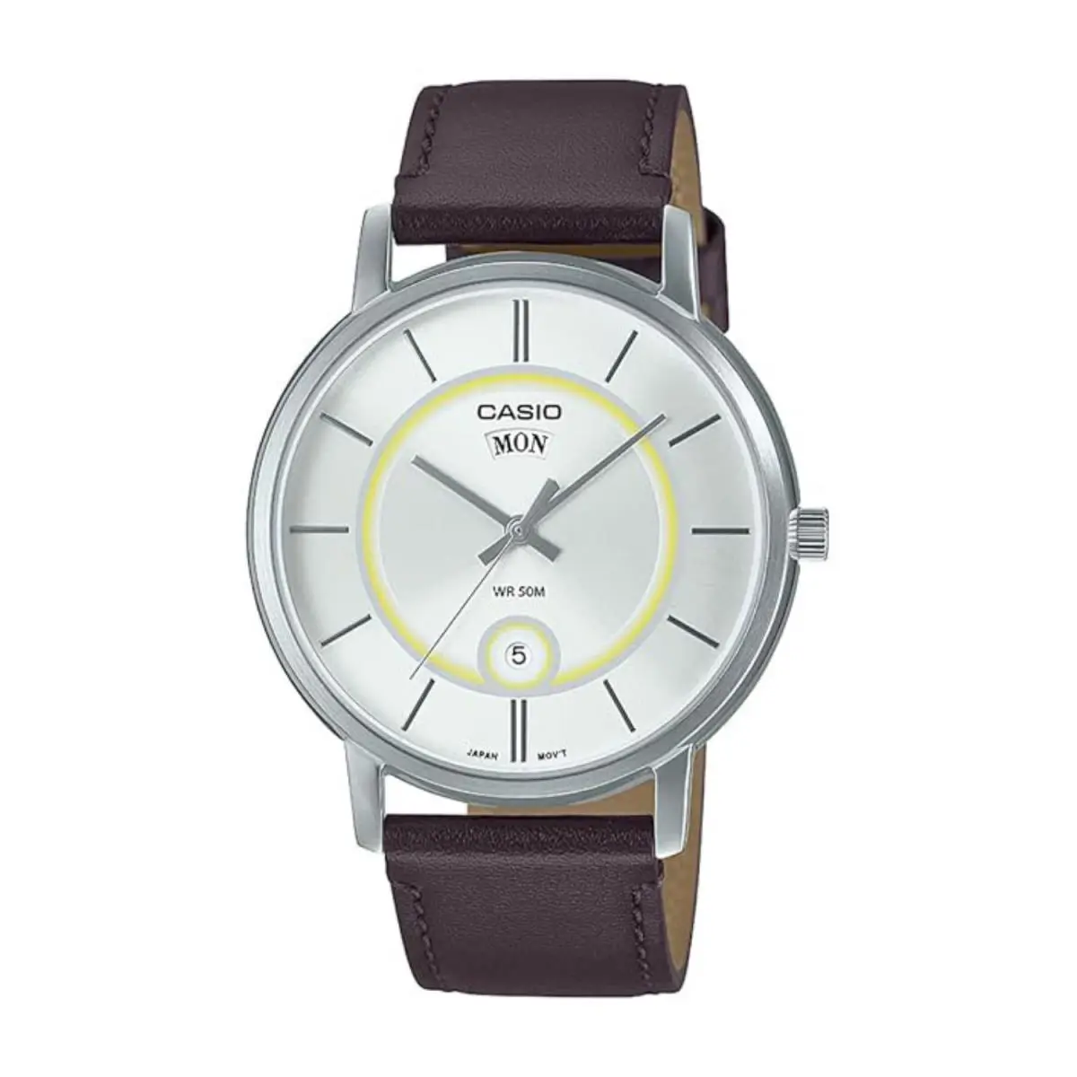 Casio MTP-B120L-7AVDF Men s White Dial Analog Watch Brown Leather Band