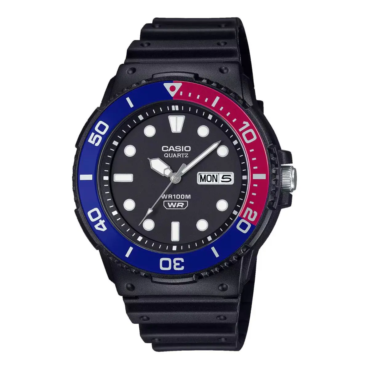 Casio MRW230H-1E2V Men`s Standard Rotating Bezel Day Date 100M Sports Watch - Dial: Black, Band: Black, Bezel: Pepsi