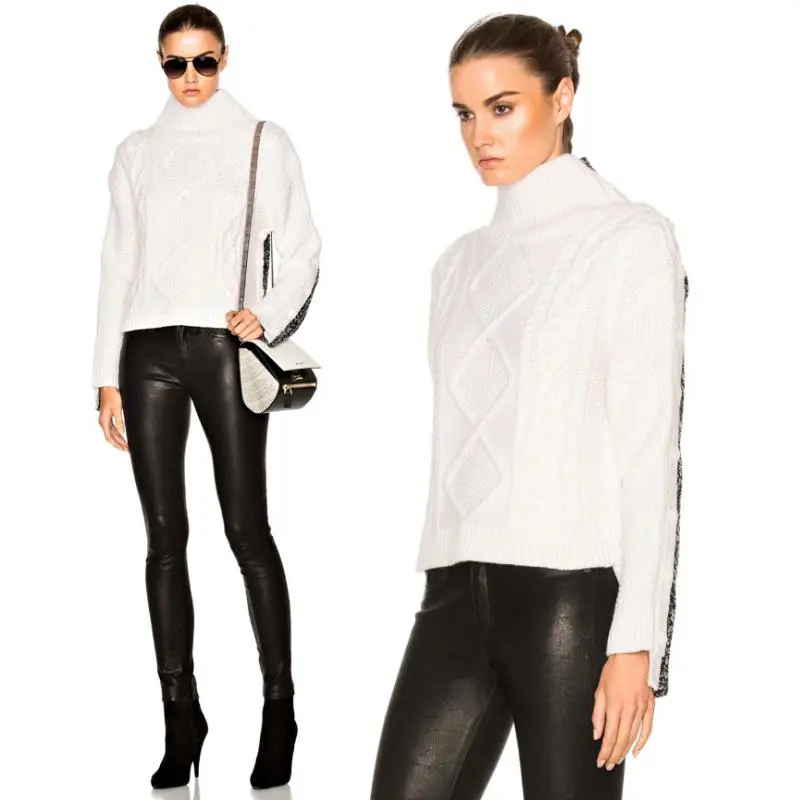 Rag Bone Ida Button Sleeve Two-tone Cable Thick Wool Turtleneck Sweater M