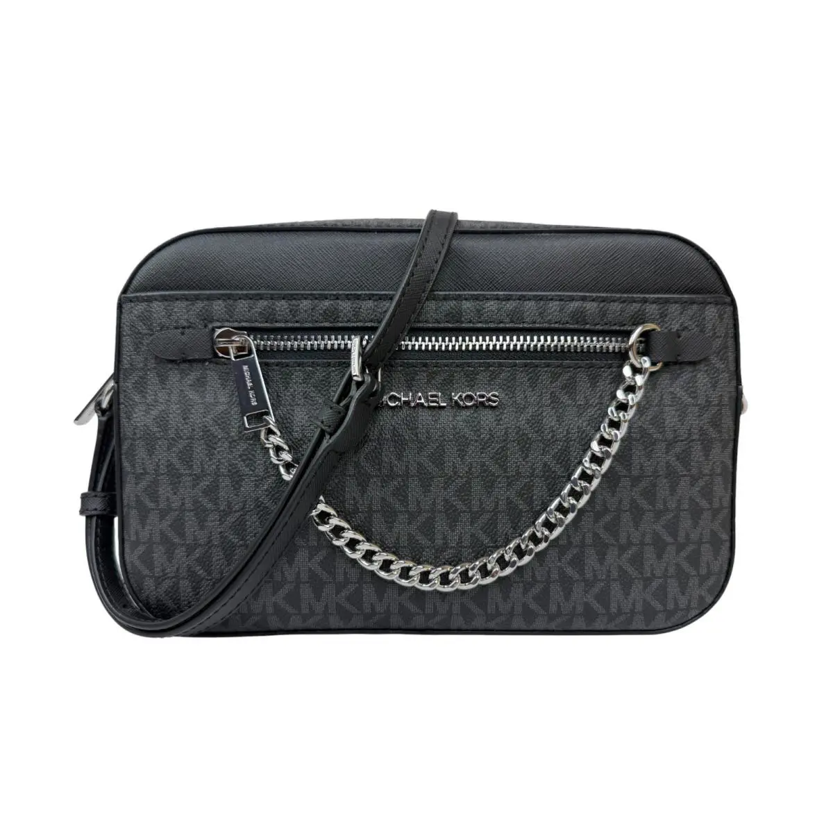 Jet Set Item Large East West Zip Chain MK Leather Crossbody Bag Black Signature by Michael Kors