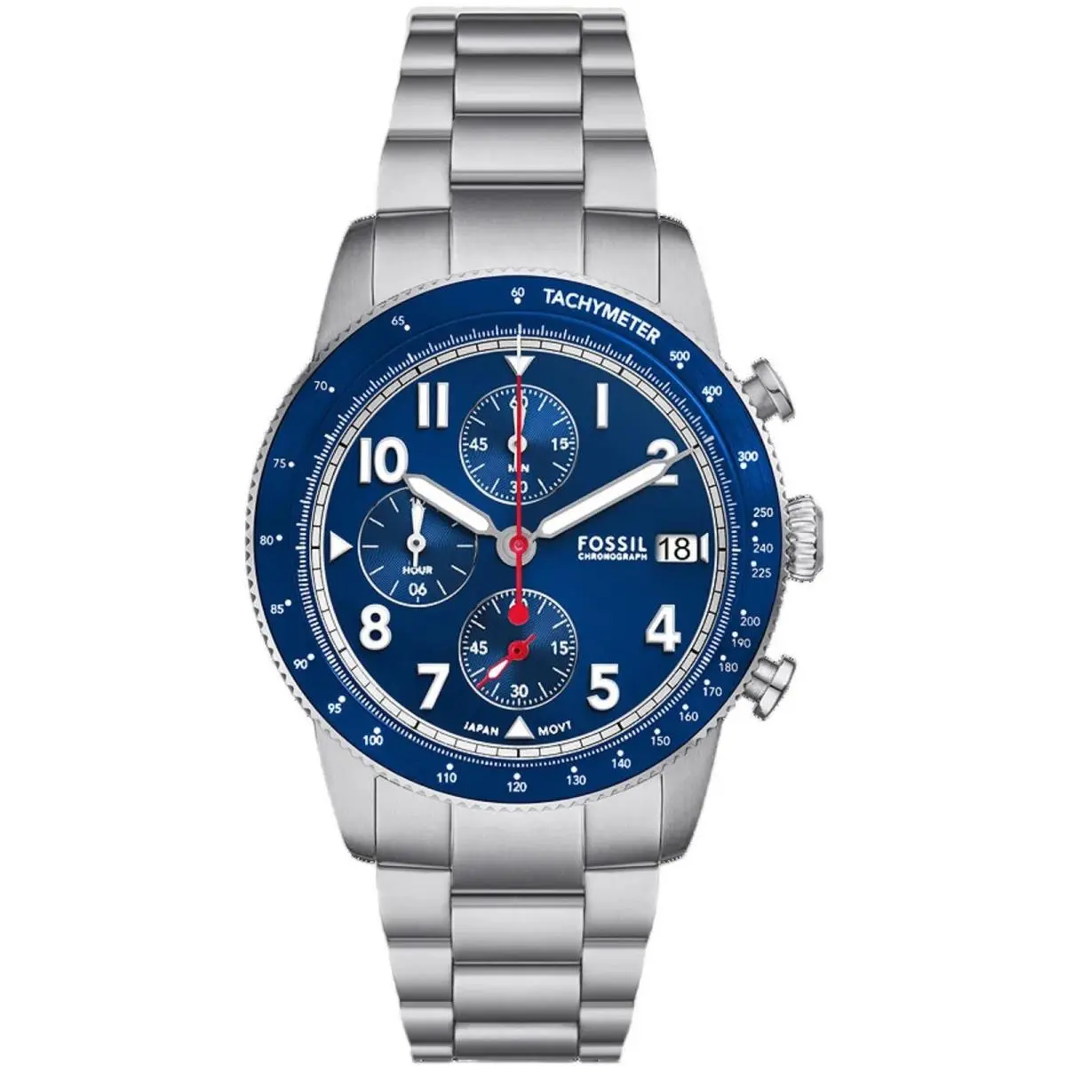 Fossil Men`s Watch Sport Tourer Chrono Blue Dial Silver Steel Bracelet FS6047 - Dial: Blue, Band: Silver