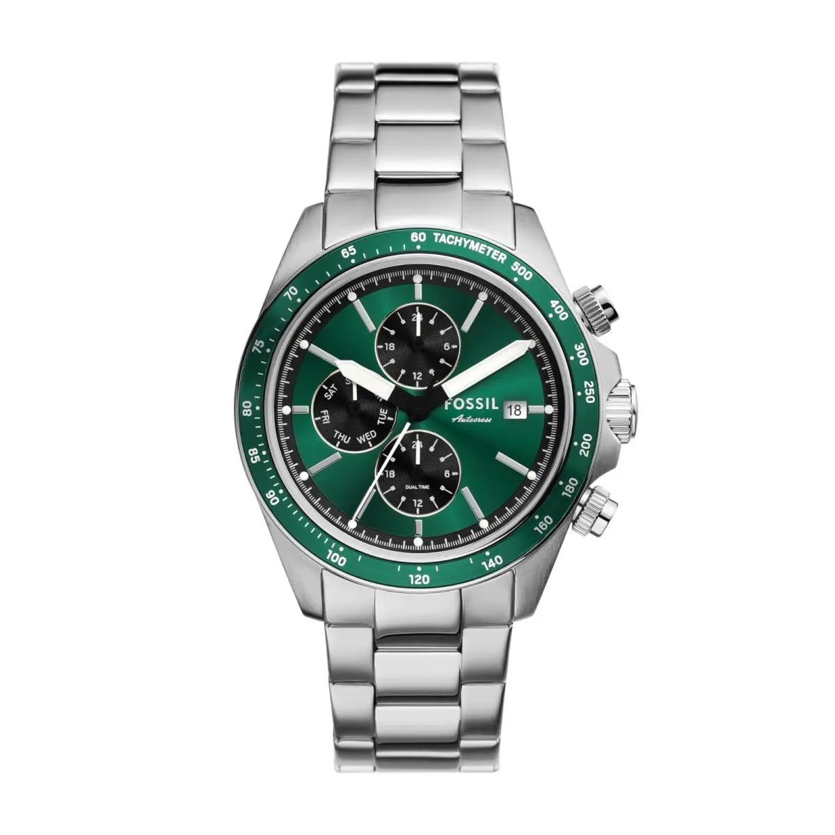 Fossil Men`s Watch Autocross Multifunction Stainless Steel Silver/green