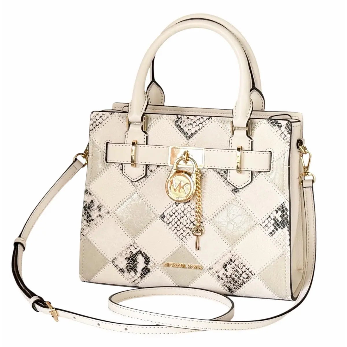 Michael Kors Hamilton SM Satchel Shoulder Bag Exotic Natural Light Cream Multi