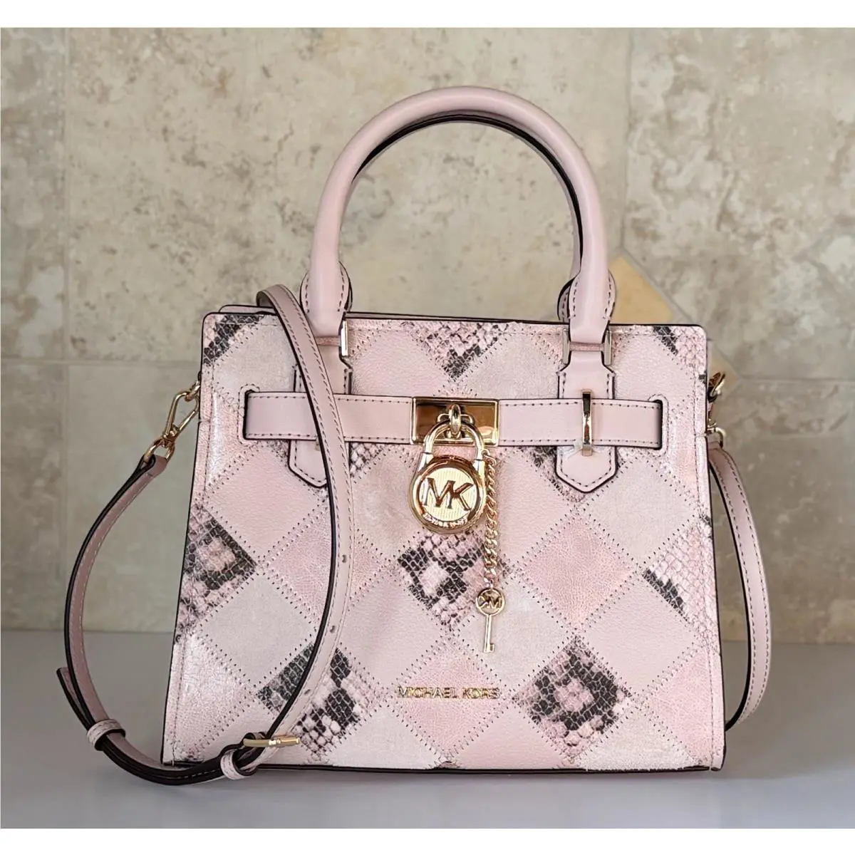 Michael Kors Hamilton SM Satchel Shoulder Bag Exotic Natural Light Cream Multi