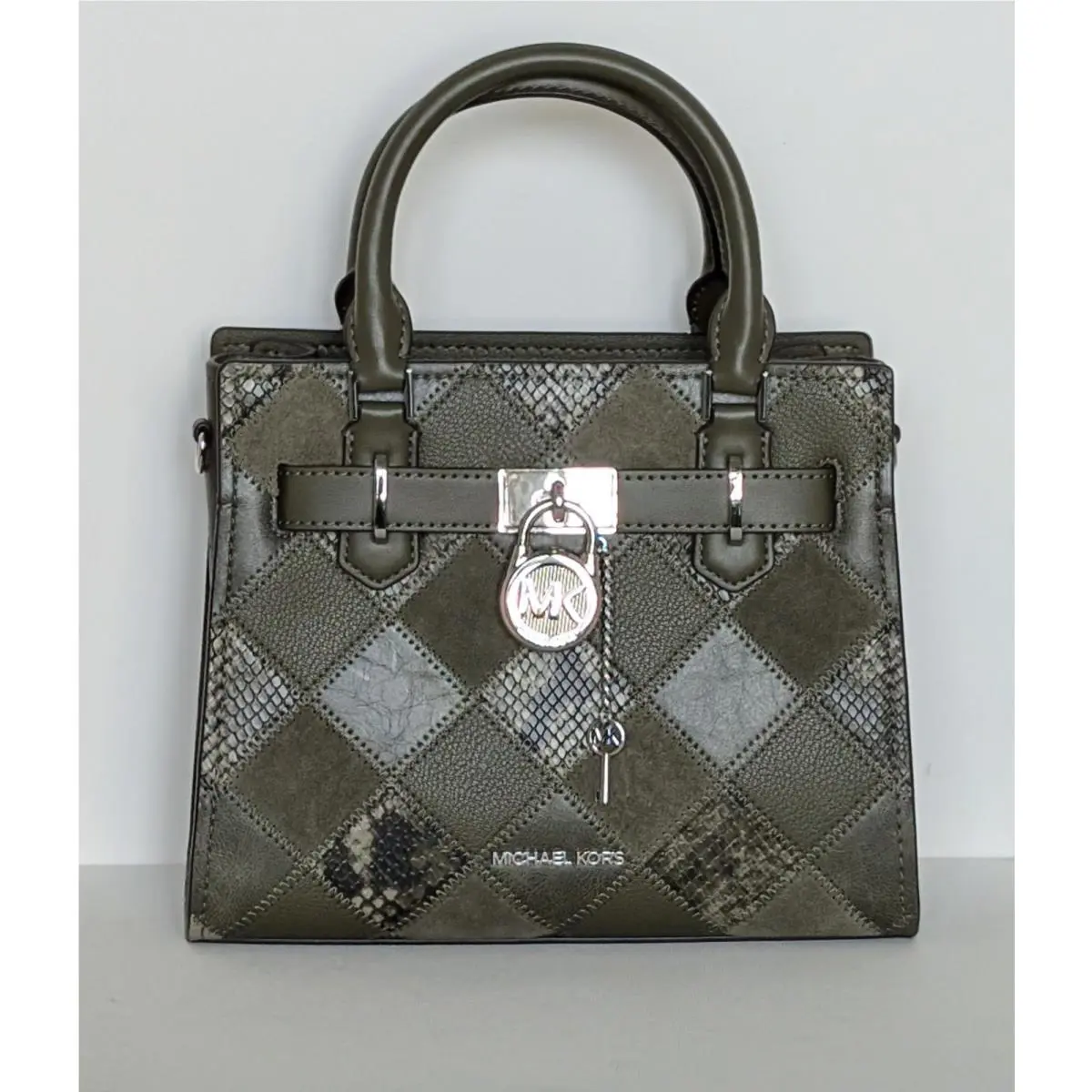 Michael Kors Hamilton Small Satchel Handbag Olive Green Snake Embossed