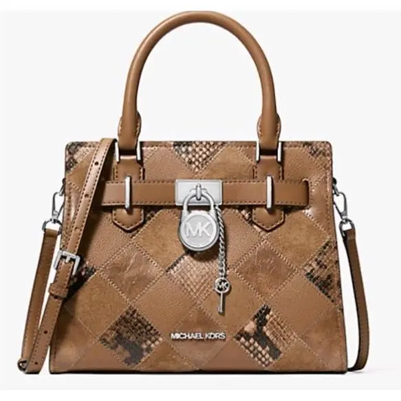 Michael Kors Hamilton Small Satchel Bag Driftwood Brown Snake Embossed MK