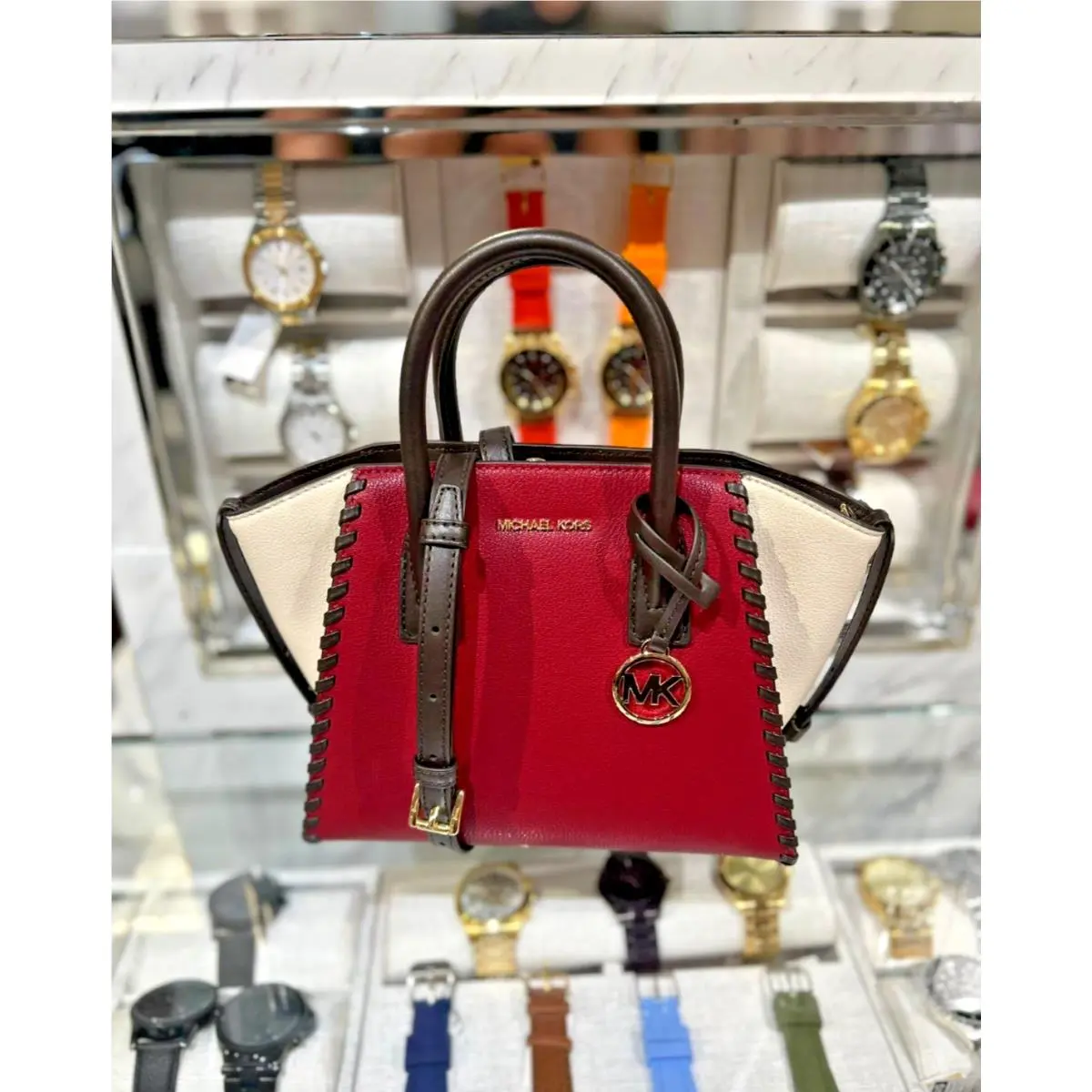 Michael Kors Avril Women Small Leather Crossbody Satchel Purse Bag Cherry Multi