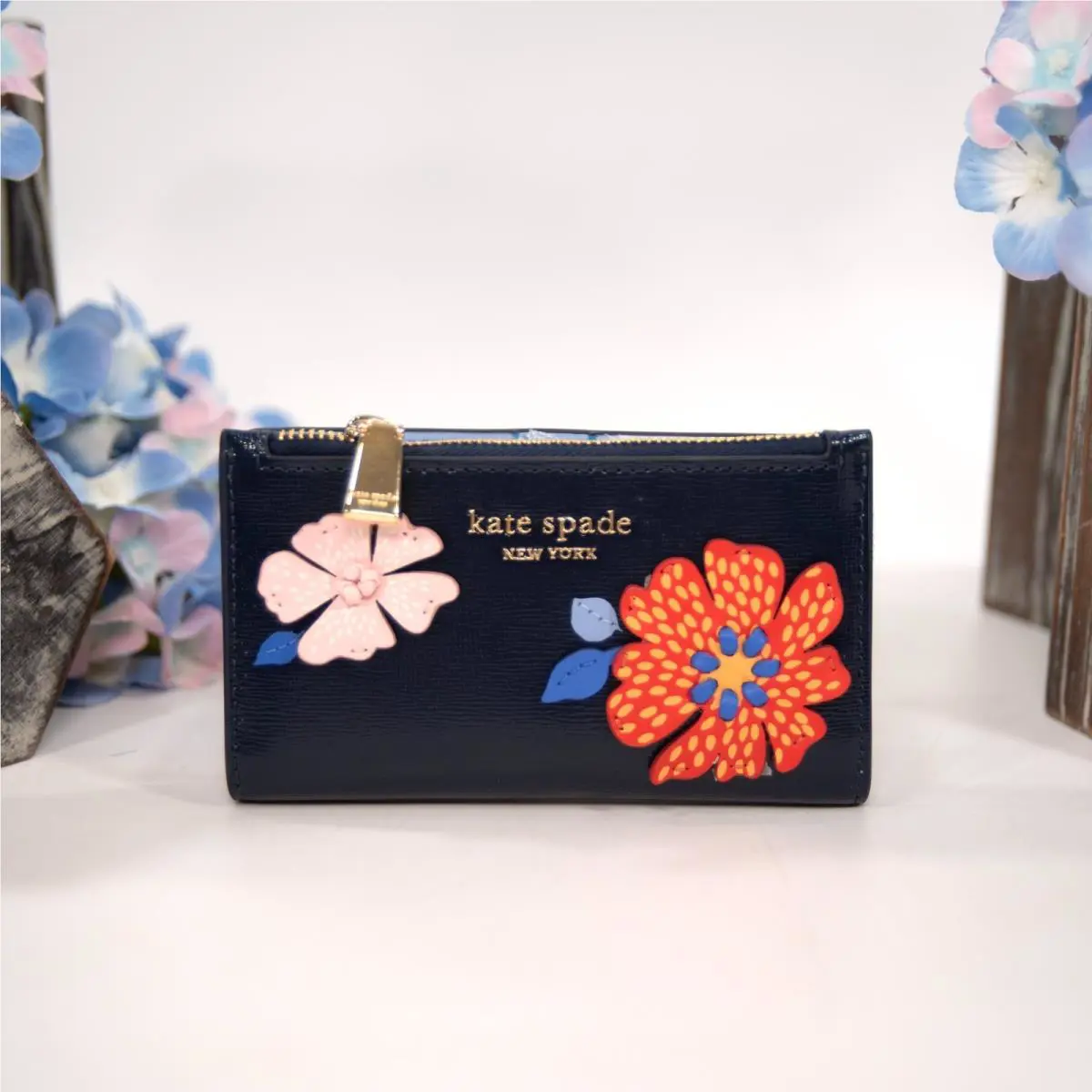 Kate Spade Dottie Bloom Parisian Blue Flower Leather Slim Bifold Wallet