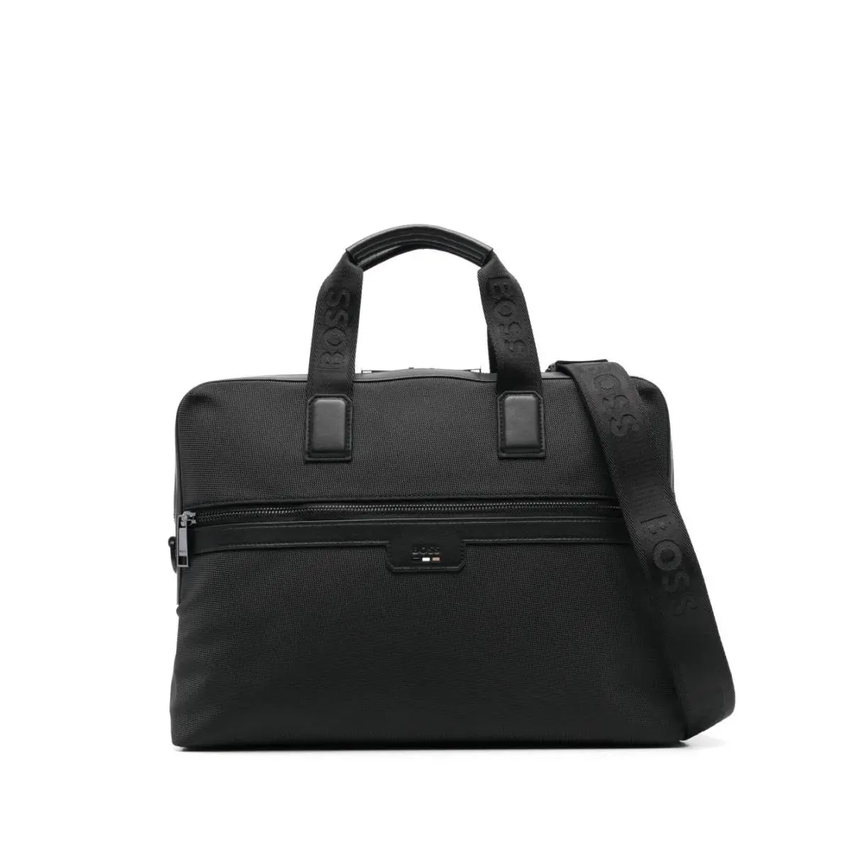 Hugo Boss Mens Black Ray Leather Trim Nylon Zipper Document Case Briefcase Bag