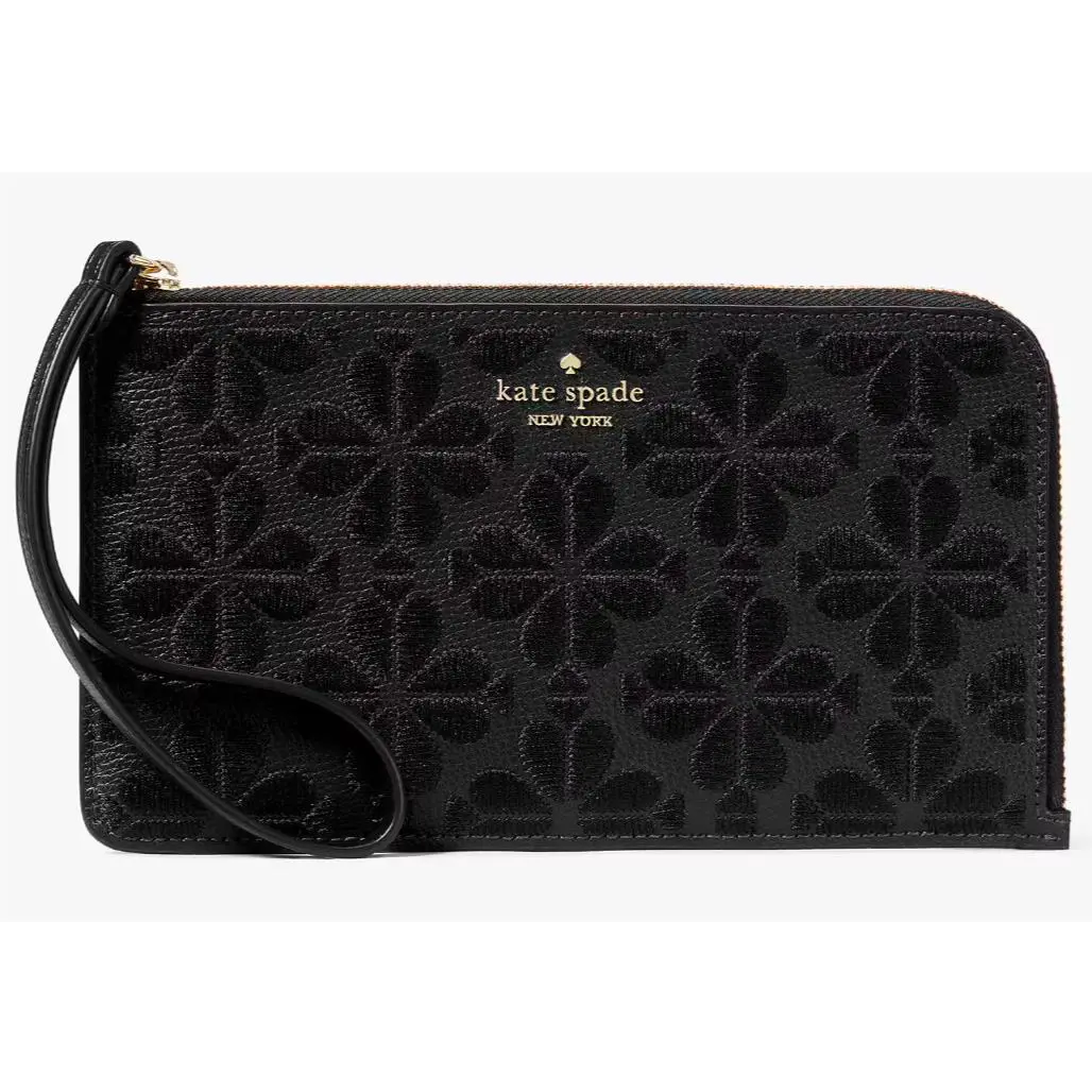 Kate Spade Flower Embroidered Lucy Black Leather L-zip Wristlet KL857