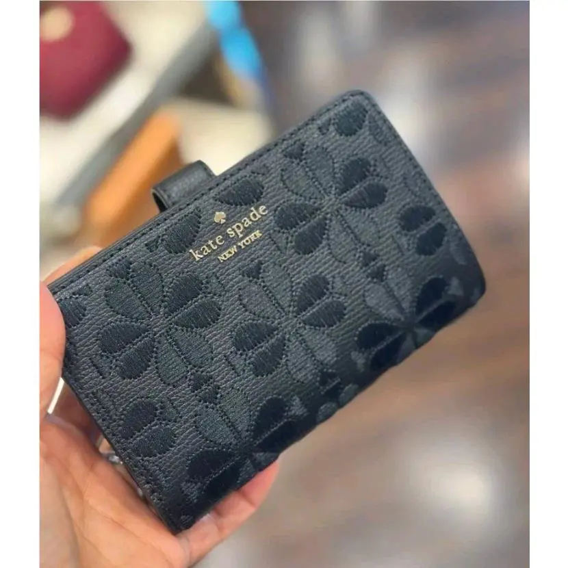 Kate Spade Spade Flower Embroidered Medium Bifold Wallet In Black