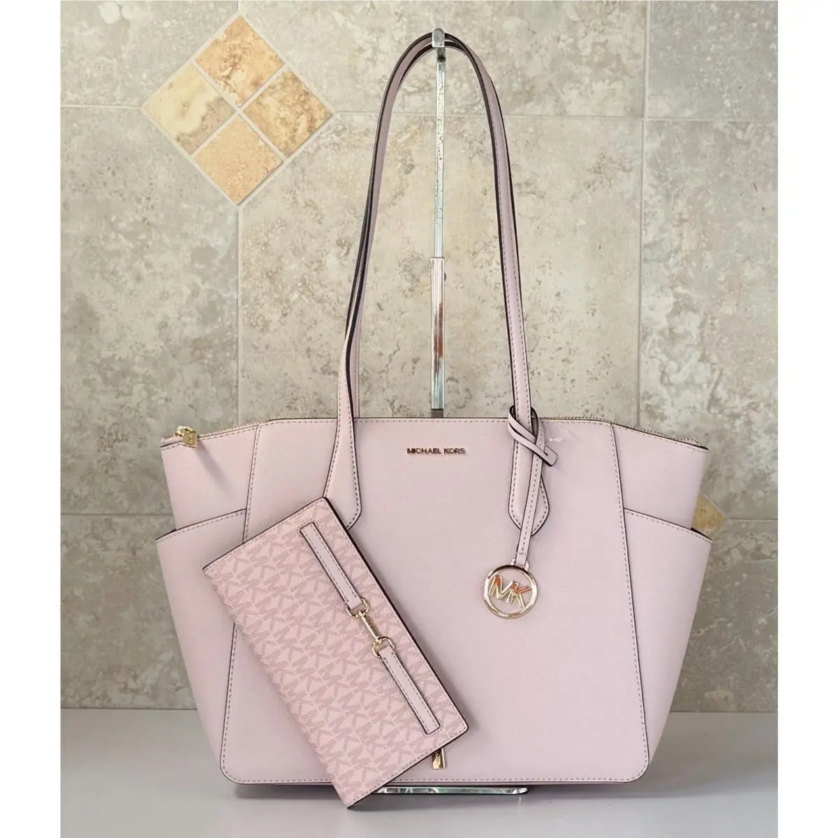 Michael Kors Marilyn Medium Top Zip Shoulder Tote Bag + Bifold Wallet Pink