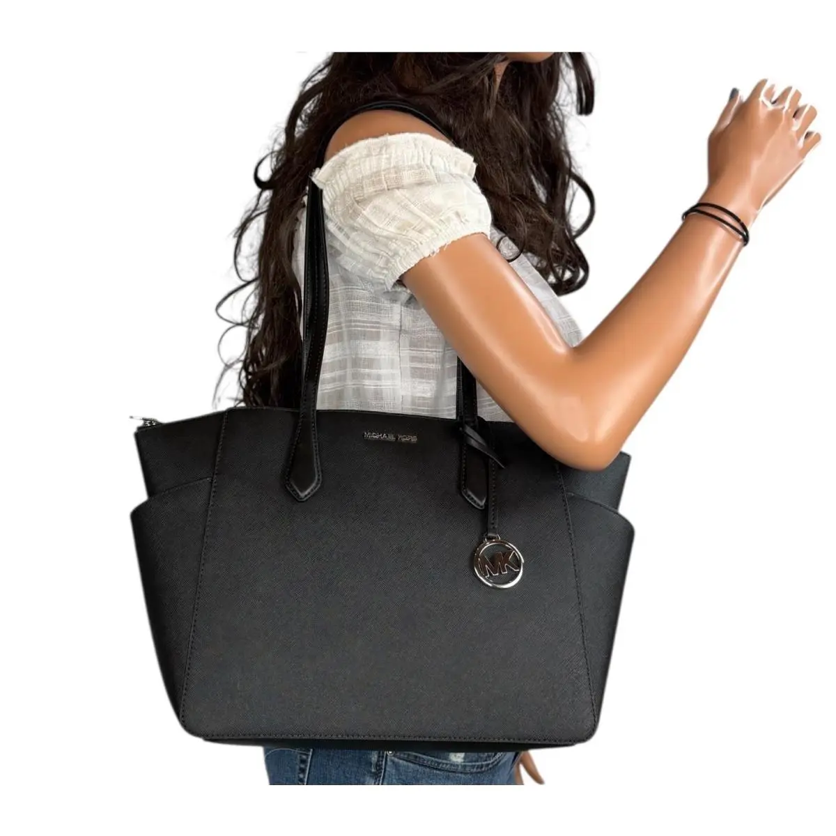 Michael Kors Marilyn Medium Top Zip Shoulder Tote Bag Black/silver