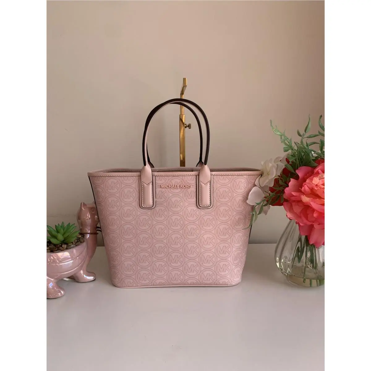 Jodie Small Logo Jacquard Powder Blush Signature Tote Bag by Michael Kors