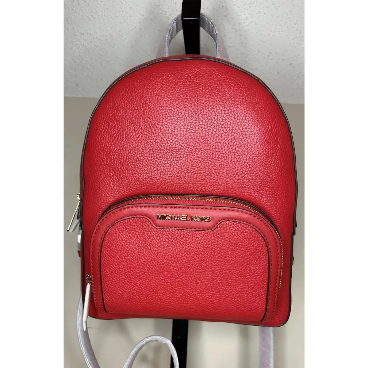 Michael Kors Jaycee Medium Zip Pocket Backpack Bag Gold Leather Bright Red