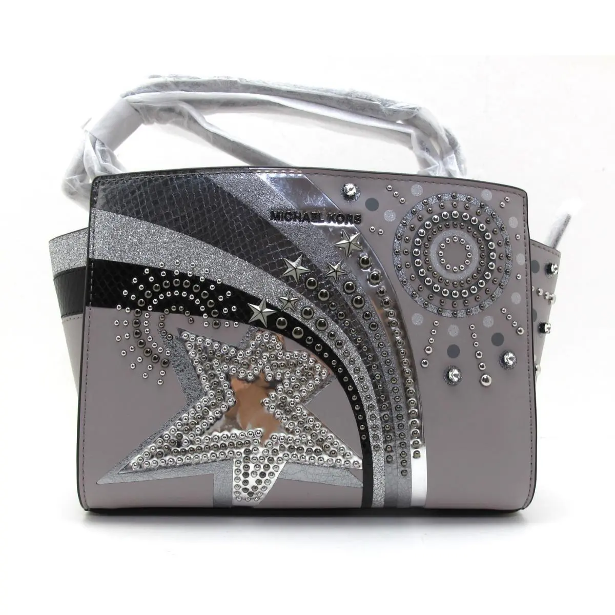 Michael Kors Selma Leather MD Messenger Studs/jewels/galaxy Stars Pearl Grey