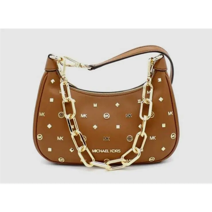 Michael Kors Cora Shoulder Bag Medium Zip Pouchette Luggage with Studs