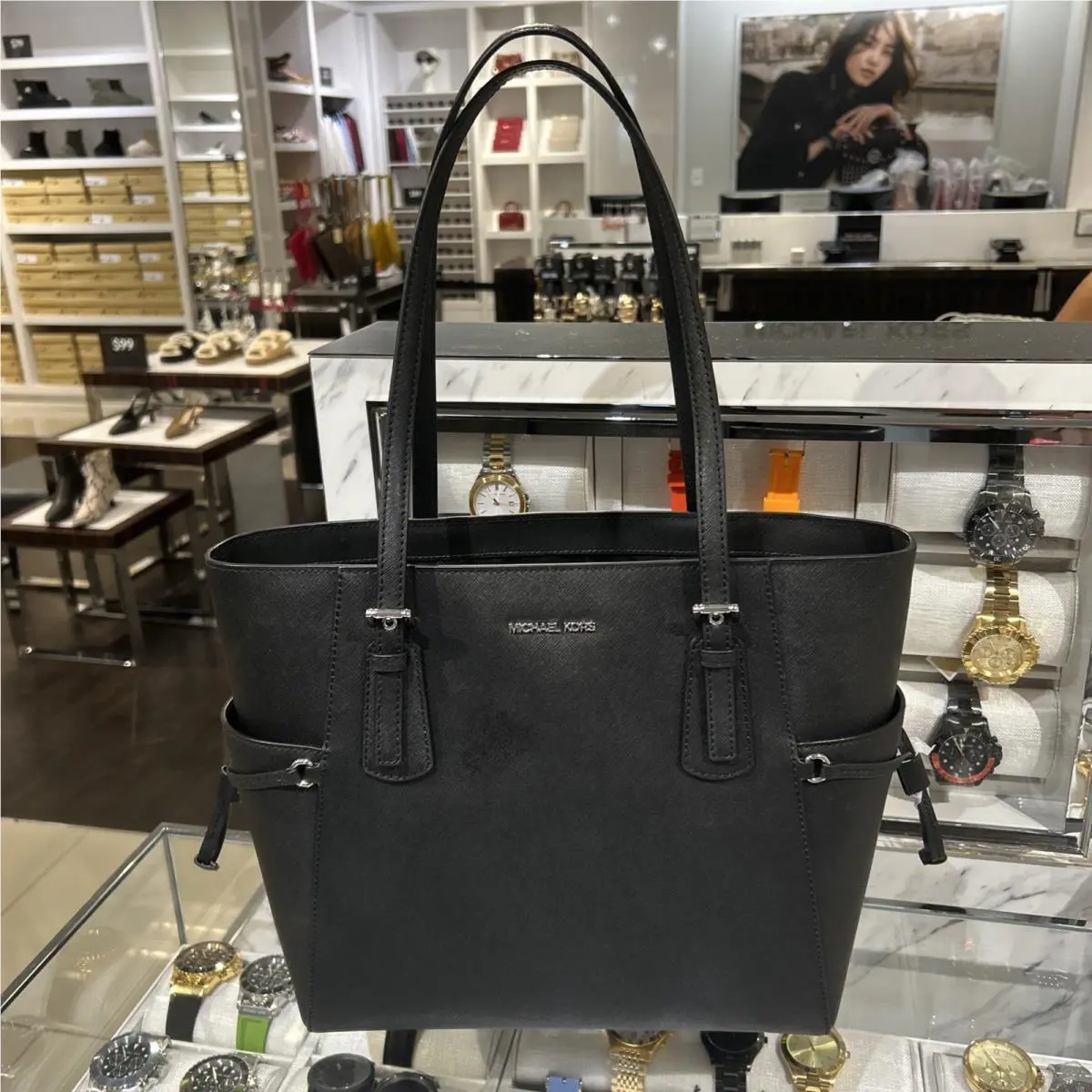 Michael Kors Voyager Large EW Tote Shoulder Bag Laptop MK Black Leather Silver