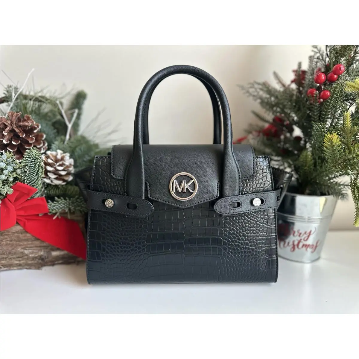Michael Kors Carmen Medium Crocodile Embossed Belted Satchel Black
