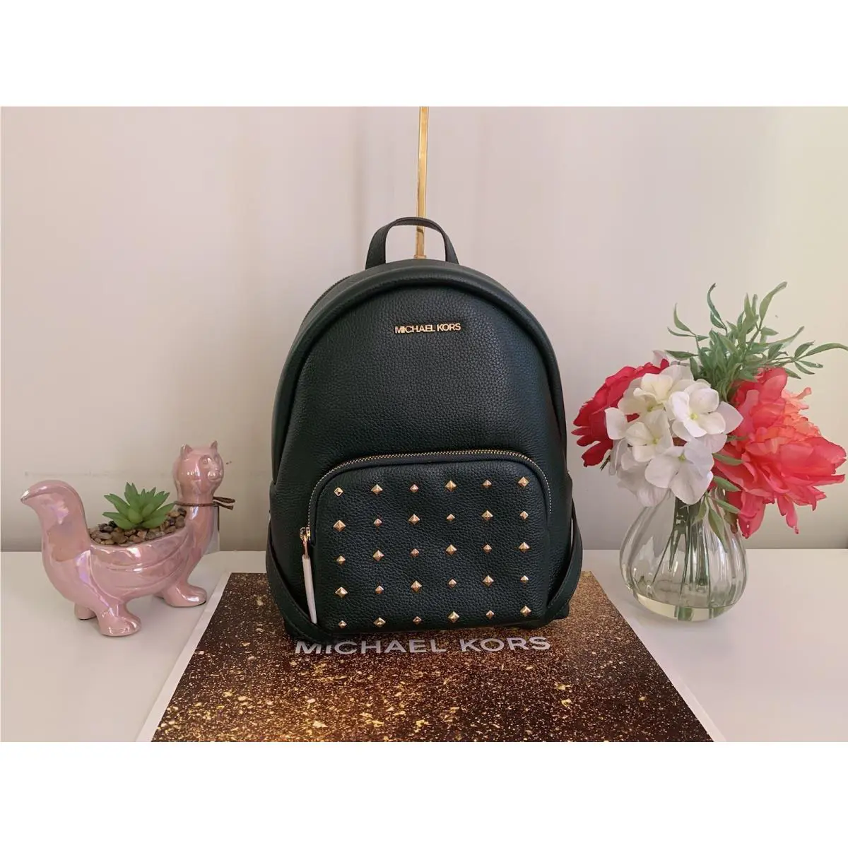 Michael Kors Erin Medium Backpack Racing Green Leather Messenger Studded Handbag