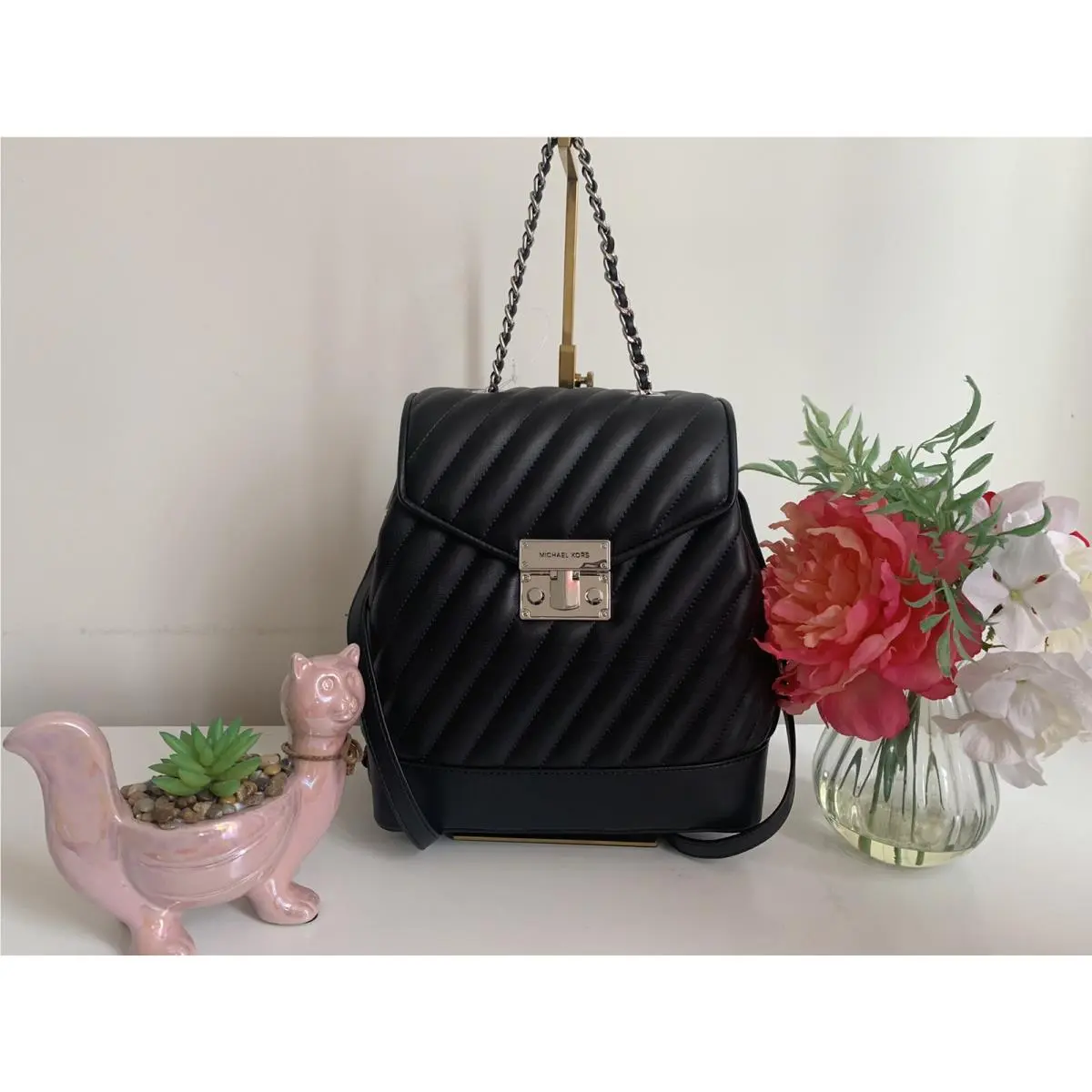 Michael Kors Rose Black Medium Chain Backpack Quilted Black Silver