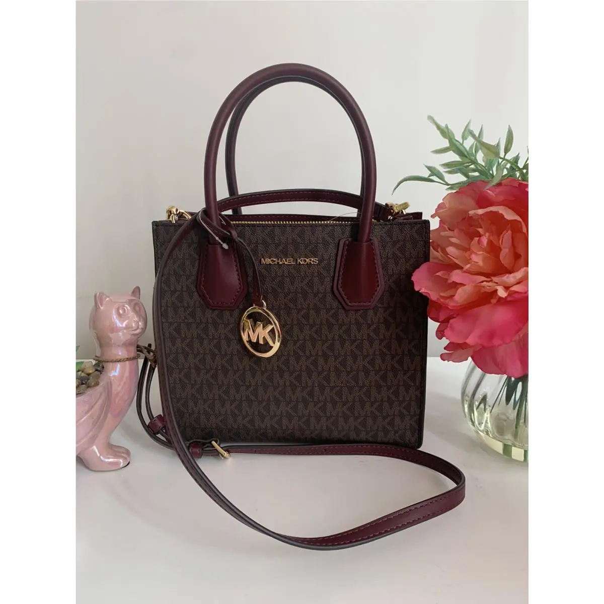 Michael Kors Mercer Medium Messenger MK Signature Crossbody Bag Merlot Brown