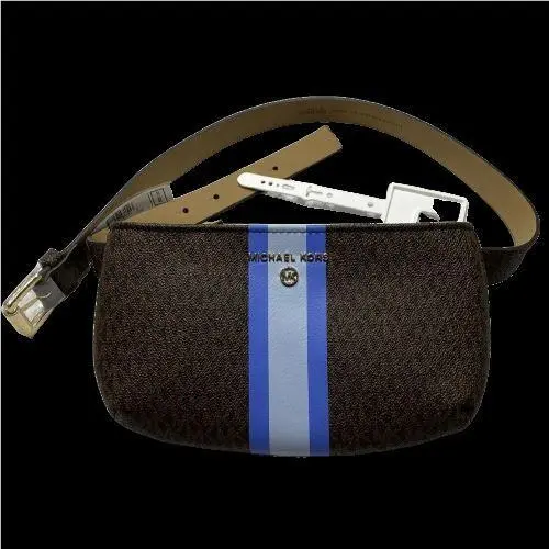 Brown Belt Bag Blue Striped MK Jet Logo Womens L-xl Waist Pack by Michael Kors