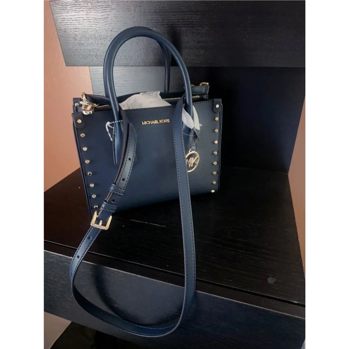 Michael Kors Maple SM Satchel in Navy Leather Handbag with Gold Studs NWT$358