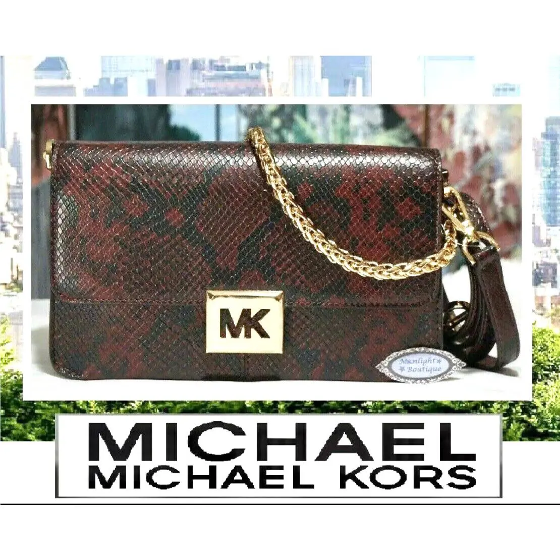 Michael Kors Sonia Med E/w Chain Shoulder X-body Bag Merlot Snake Embossed