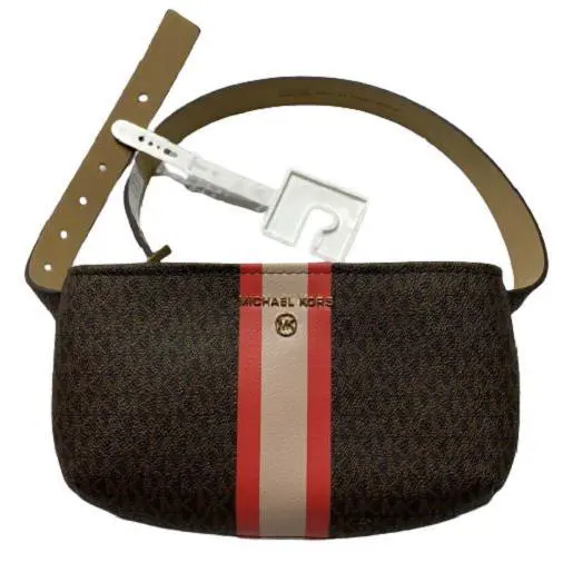 Michael Kors Brown Belt Bag Red Striped MK Jet Logo Womens L-xl Waist Pack