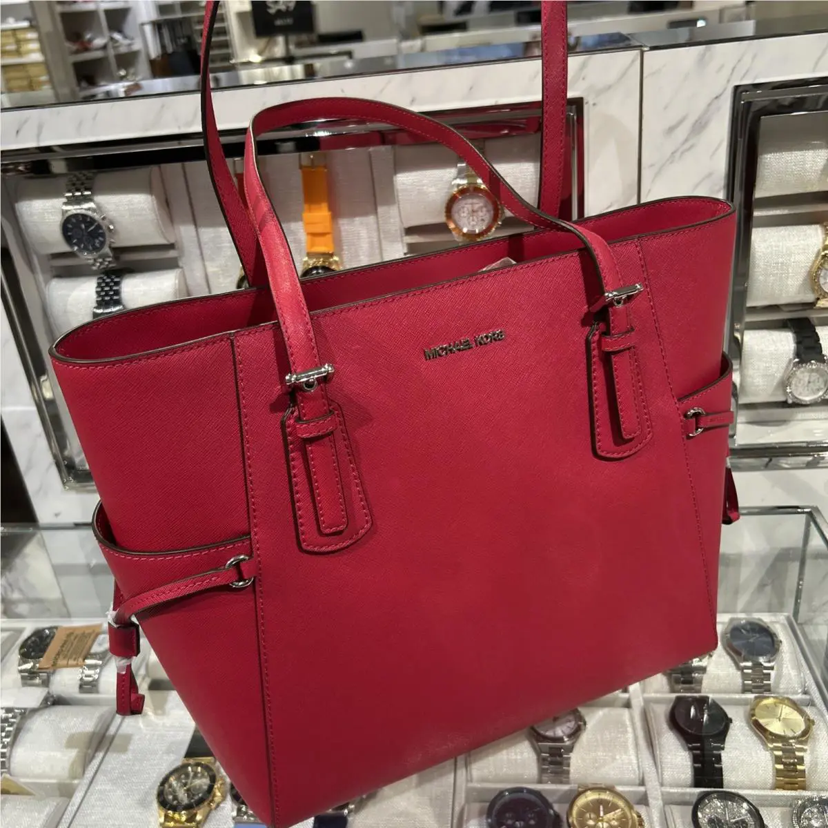 Michael Kors Voyager Large Tote Shoulder Bag Raspberry Pink Leather Handbag MK
