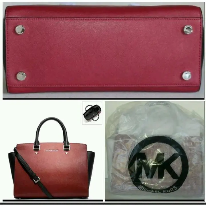 Michael Kors Selma Large Top Zip Satchel Handbag Leather Scarlet/black
