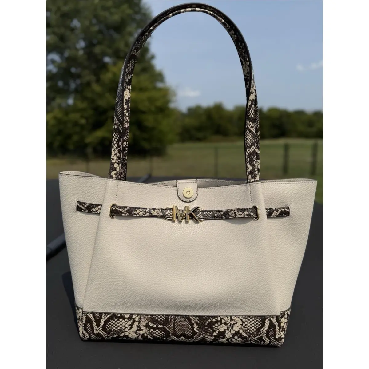 Reed Large Belted Tote Cream Snakeskin Leather by Michael Kors