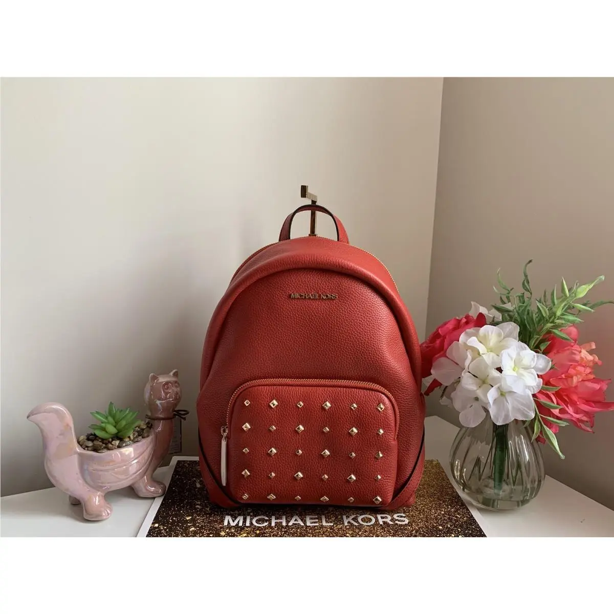 Michael Kors Erin Medium Backpack Orange Flame Leather Studs Retail FS