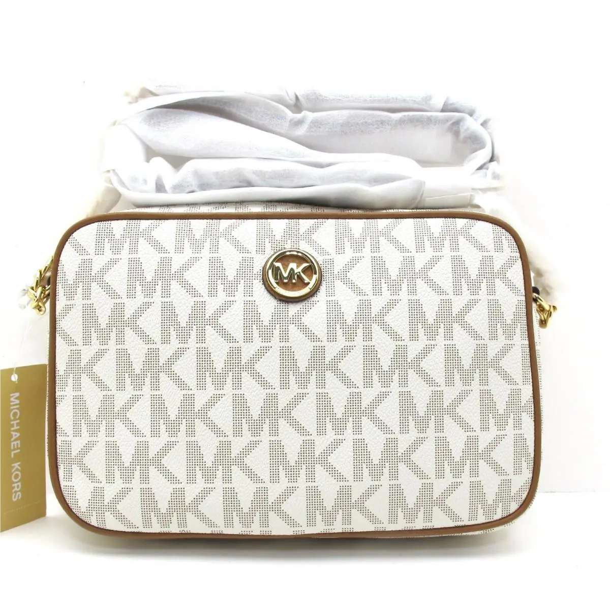 Auth. Michael Kors Fulton Large Top Zip Chain MK Signature Crossbody Vanilla