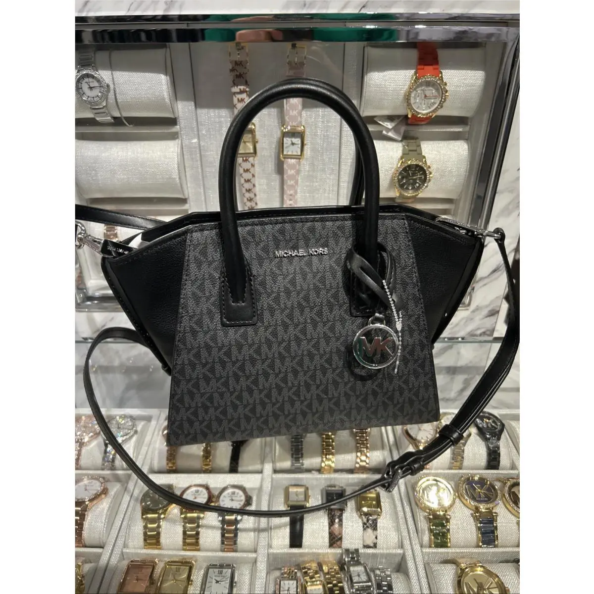 Michael Kors Avril Small Zip Crossbody Satchel Shoulder Bag Purse MK Black Logo