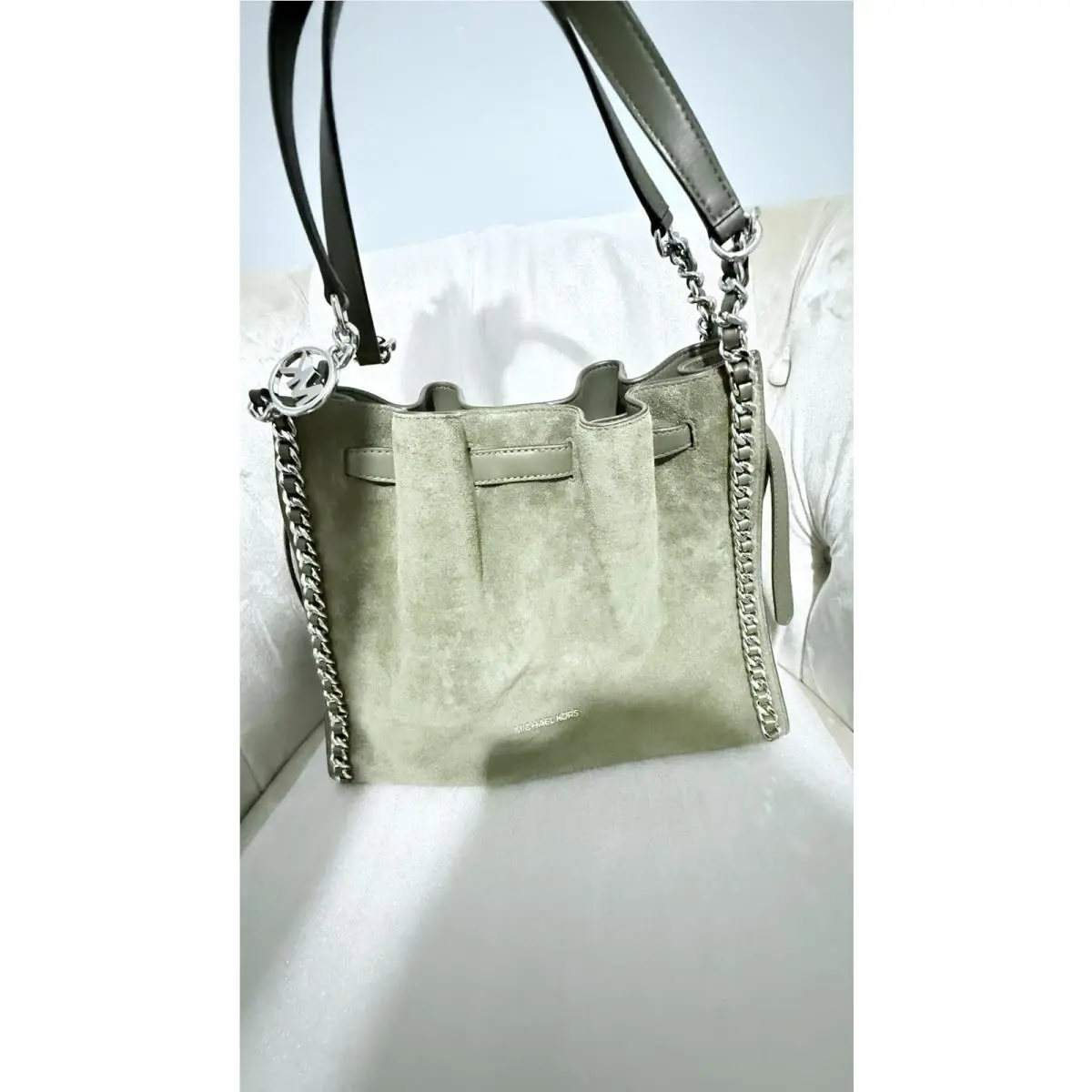 Michael Kors Mina Large Suede Chain Purse Tote Bag Women’s Handbag Olive Green