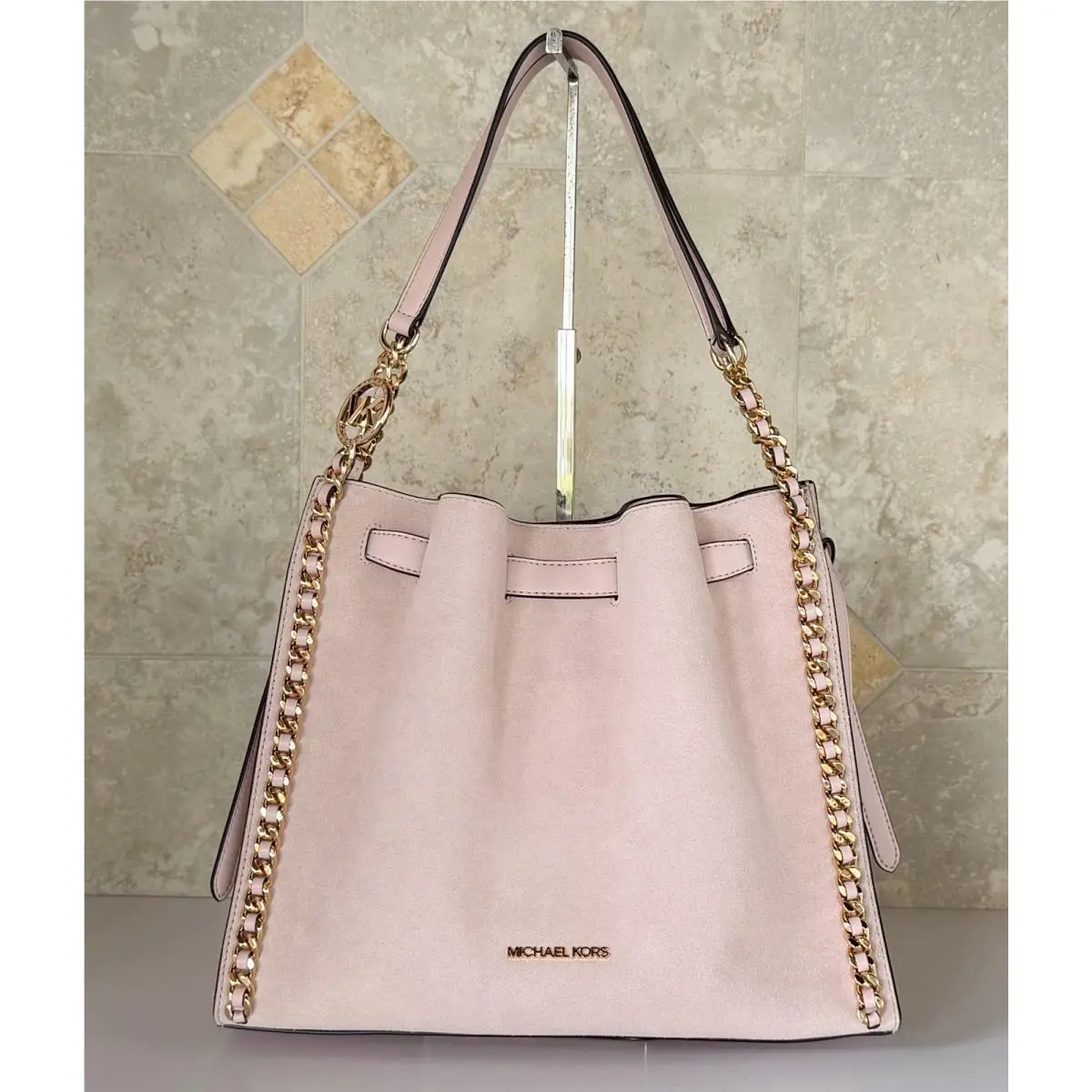 Michael Kors Mina Large Belted MK Chain Shoulder Bag Pink Powder Blush