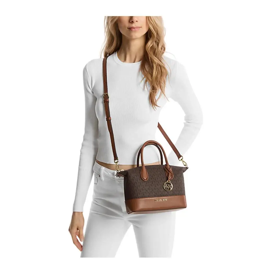 Michael Kors Hyde Small Logo Satchel Crossbody Bag Women`s Brown Zip Top Closure