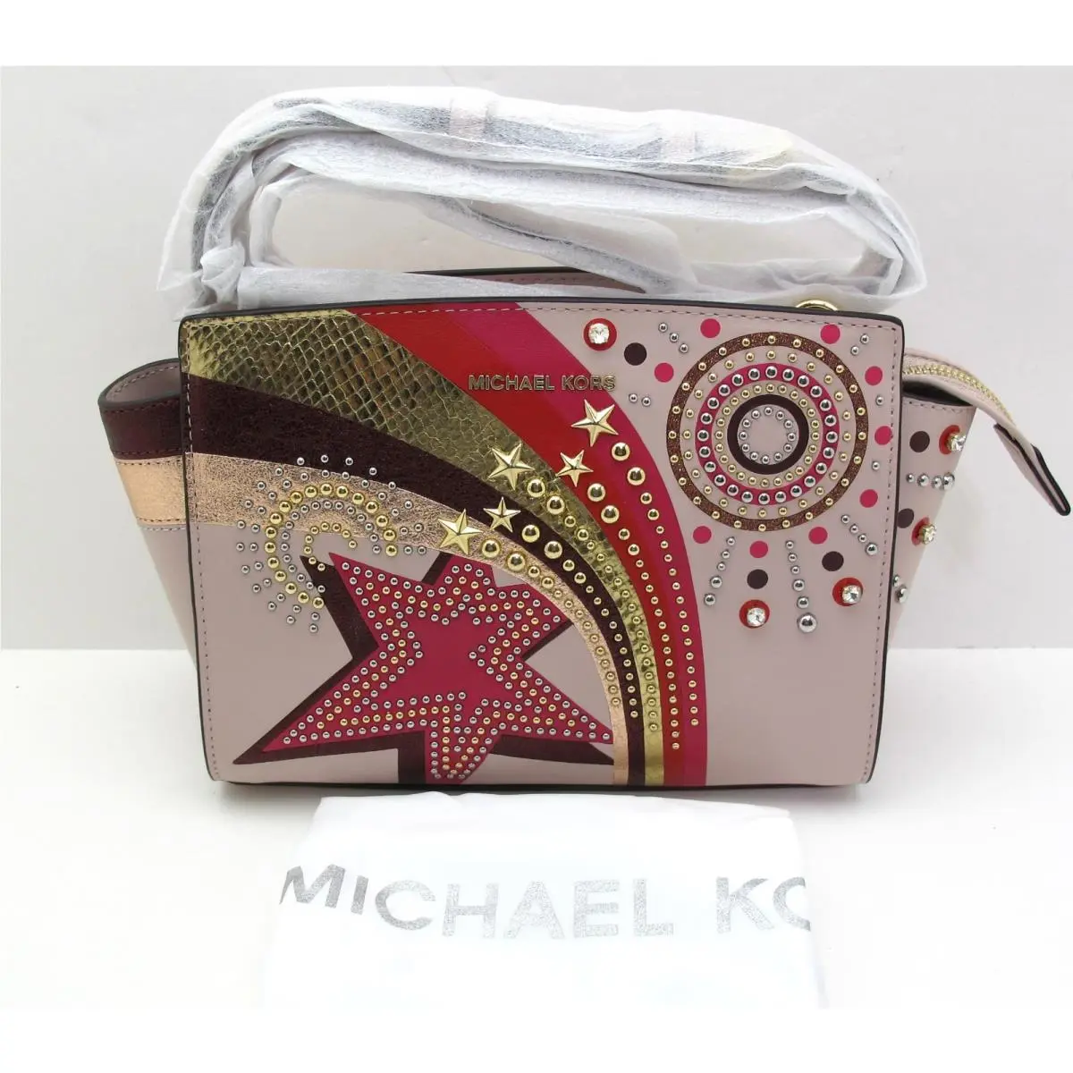 Michael Kors Selma Leather MD Messenger Studs/jewels/galaxy Stars Soft Pink