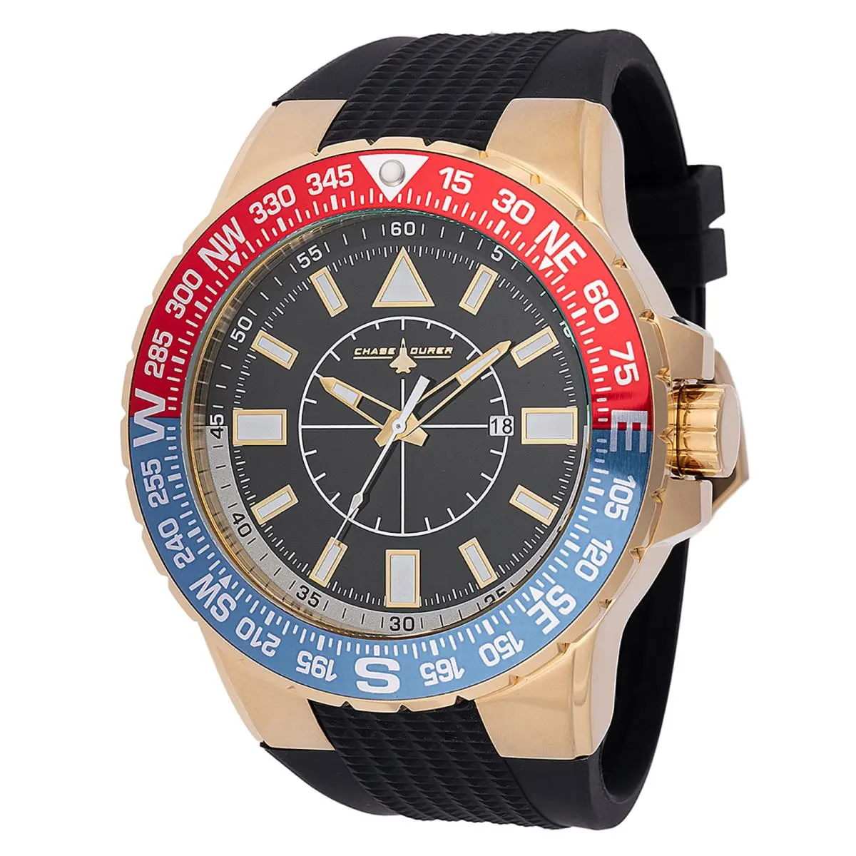 Chase Durer X Invicta Black Dial Rubber Strap Big Dial 52mm Watch Men`s CDW-0104 - Dial: Black, Band: Black, Bezel: Gold