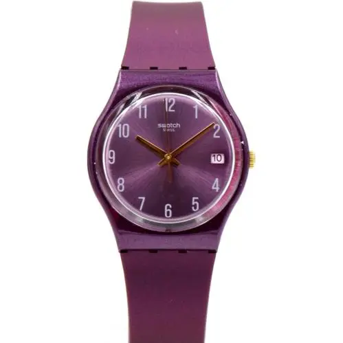 Swiss Swatch Originals Pearlypurple Silicone Date Watch 34mm GV403 - Dial: Sun-brushed purple, Band: Purple, Bezel: Purple